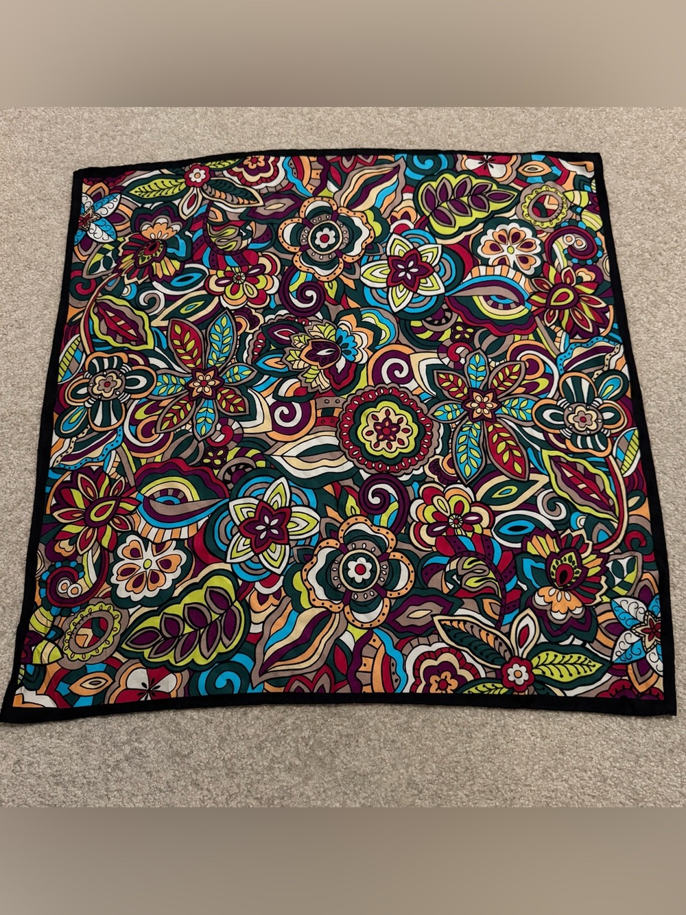 Vintage Talbots Multicolor Floral Silk Square Scarf Black Trim Rolled Edge-22x22
